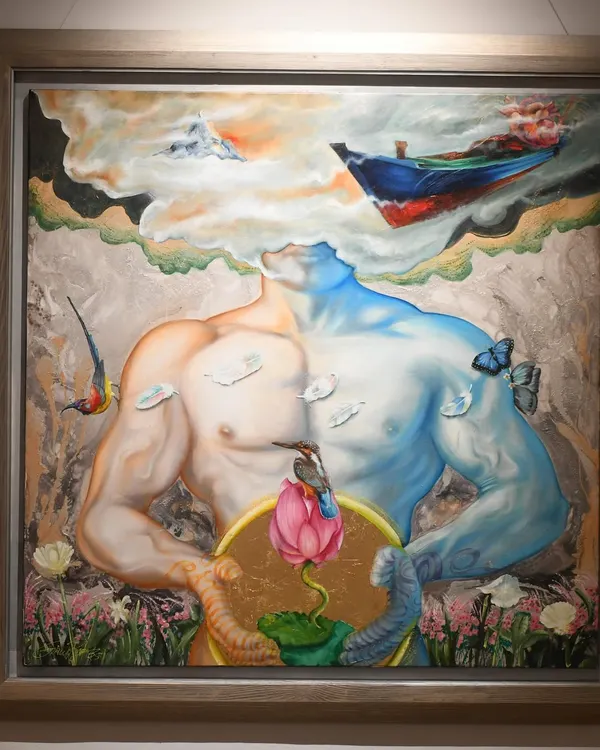 This piece, which was the face of my "Fundamental Instincts" solo show, is at the heart of my work. It's a 4x4 feet oil on canvas that explores the connection between our physical and spiritual selves, blending figurative art with surreal elements of nature.