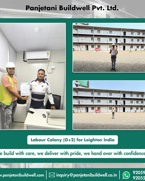 We build with care and deliver with pride. This collage shows the successful handover of the G+2 Labour Colony for Leighton India, from the final structure to our team formalizing the project completion.