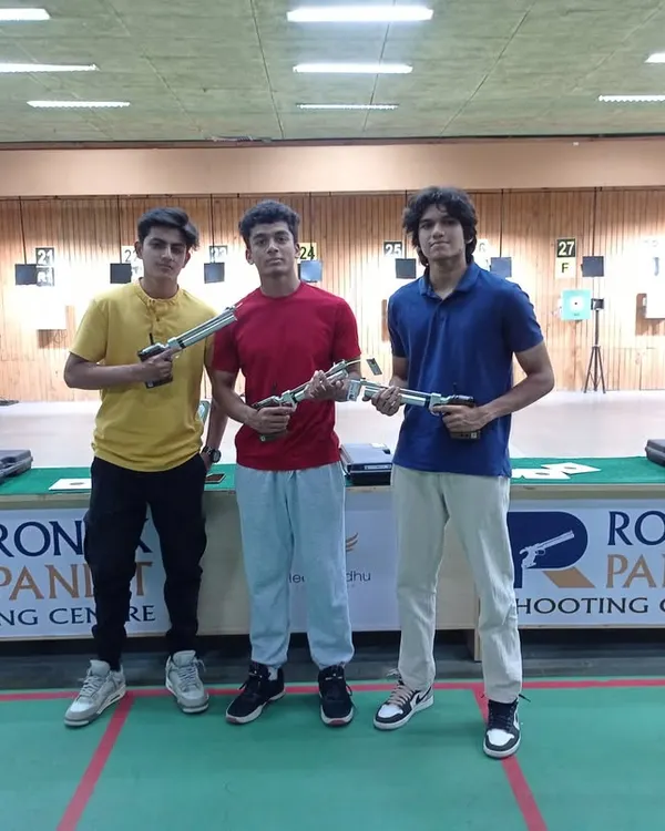 Three new shooters at our Pune center after their introductory course. We focus on teaching the correct stance, grip, and aiming techniques from day one to build a strong foundation for future success.