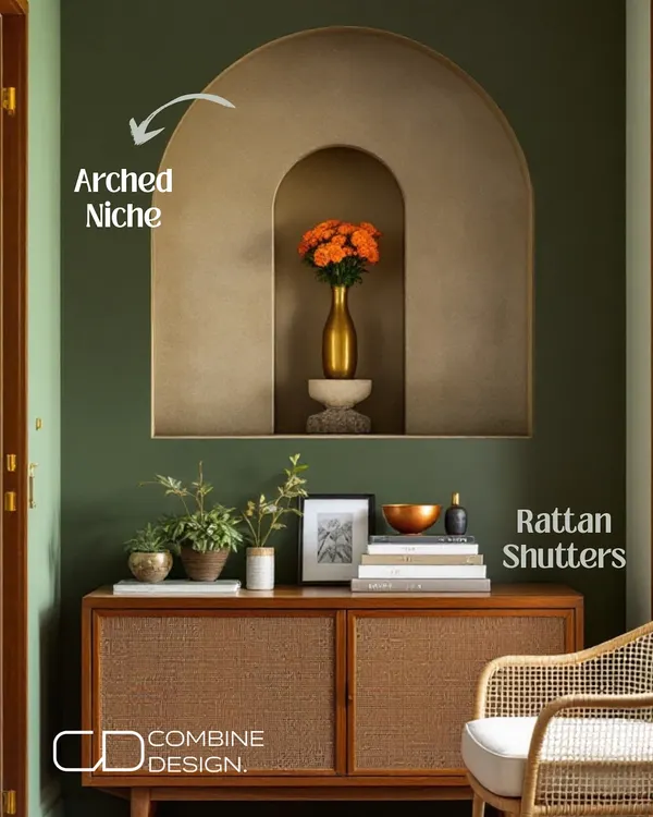 The blend of rattan shutters and soft arches is a beautiful statement in this entryway. The arched niche creates a perfect spot for a decorative vase, adding a touch of elegance.