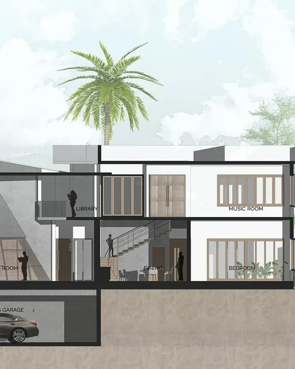 This architectural section drawing for the 'Kodial Cove' residence reveals the home's internal organization. It illustrates how we planned the spatial relationships between the living room, library, bedrooms, and even a specialized parking garage to meet our client's unique requirements.