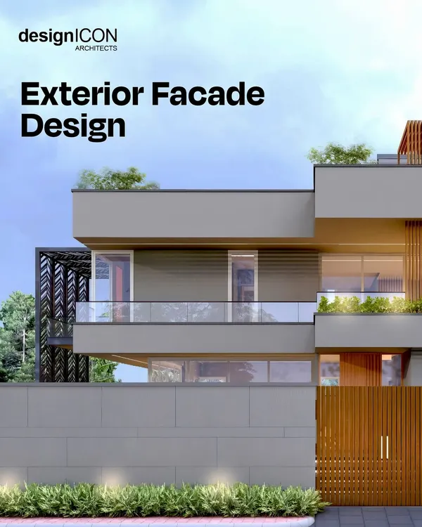 A close-up of a modern exterior facade design, showcasing the balance between solid gray walls, warm wood accents, and glass railings. The integrated greenery on the upper level adds a touch of nature to the clean, geometric structure.