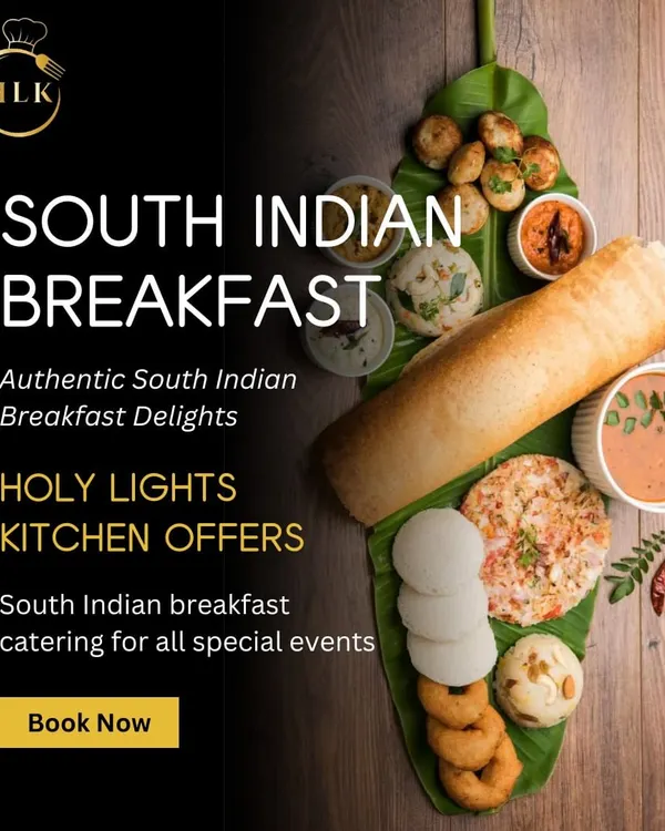We offer authentic South Indian breakfast catering for all special events. This platter showcases a variety of our specialties, including crispy dosa, soft idlis, savory vadas, and flavorful upma, all presented traditionally on a banana leaf.