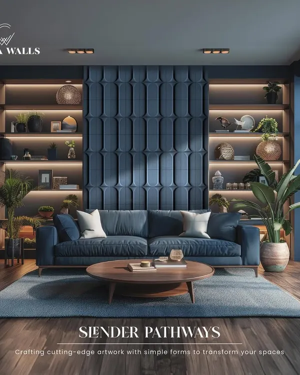 Why add unnecessary accessories when the wall itself can be the art? The 'Slender Pathways' panel in this living room creates a stunning focal point, with its deep blue color and repeating curved forms adding texture and sophistication.