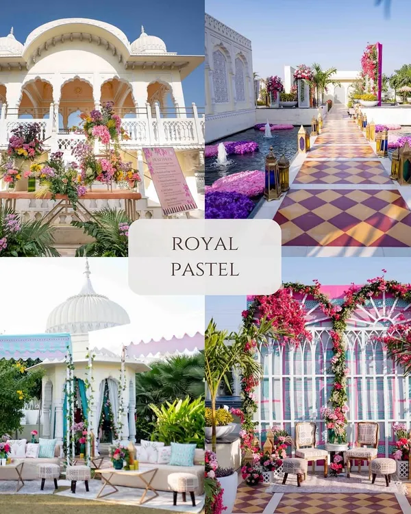 A collage of "Royal Pastel" decor, showcasing our ability to create elegant, soft-hued themes in grand settings, perfect for daytime ceremonies and brunches.