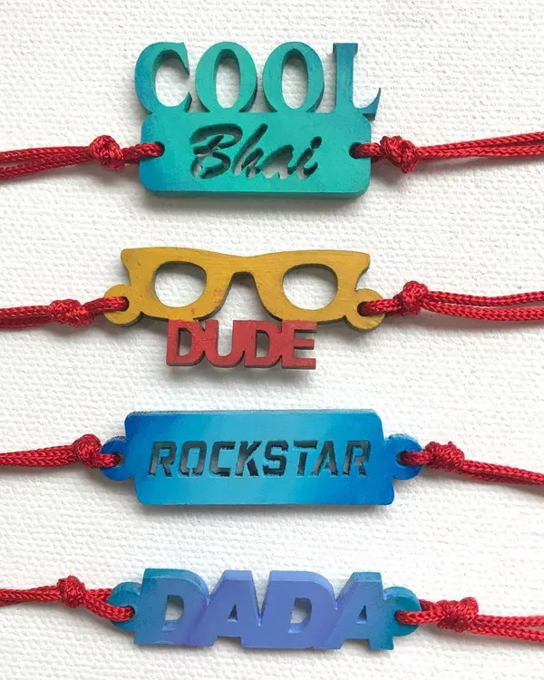 Which one fits your brother? I had so much fun hand-painting this quirky rakhi collection with fun titles like 'Cool Bhai', 'Dude', 'Rockstar', and 'Dada'.