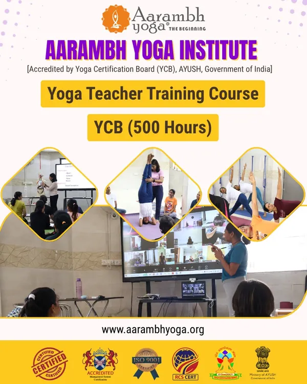 We offer a comprehensive 500-hour Yoga Teacher Training Course, fully accredited by the Yoga Certification Board (YCB) and AYUSH, Government of India. This graphic showcases our hybrid learning model, where you can join classes in our Mumbai studio or live online, ensuring you receive expert guidance no matter where you are.