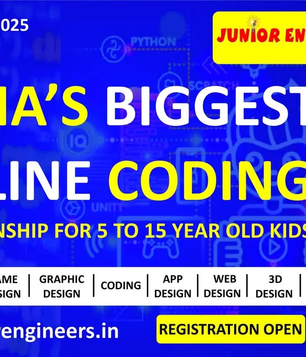 A promotional banner for "India's Biggest Online Coding Championship," an event we host for kids aged 5 to 15. It highlights the various competition categories, including game design, app design, and web design.
