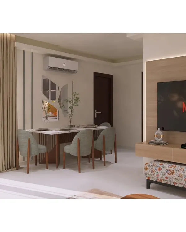 A complete view of a compact dining area adjacent to the living room. The four-seater marble-top table and comfortable upholstered chairs create a perfect spot for daily meals.