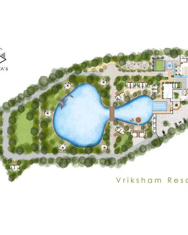 A bird's-eye view of our master plan for the 10-acre Vriksham Resort in Hubli. This illustrates our approach to large-scale landscape architecture, where we integrate buildings, amenities, and natural elements like the central lake into one cohesive design.