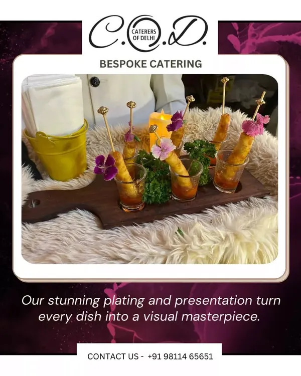 Crispy spring rolls served in individual shot glasses with dipping sauce. This presentation is not only elegant but also practical, allowing guests to enjoy the appetizer without any mess.