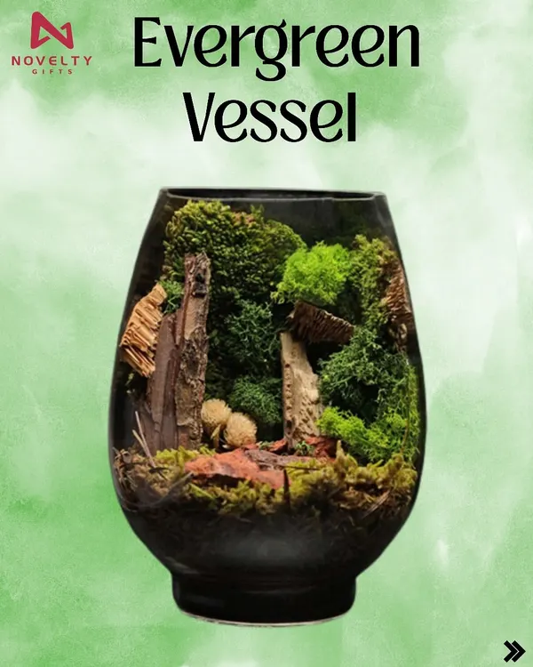 The 'Evergreen Vessel' terrarium. This elegant, egg-shaped glass contains a miniature forest scene, a timeless gift that stays green forever.