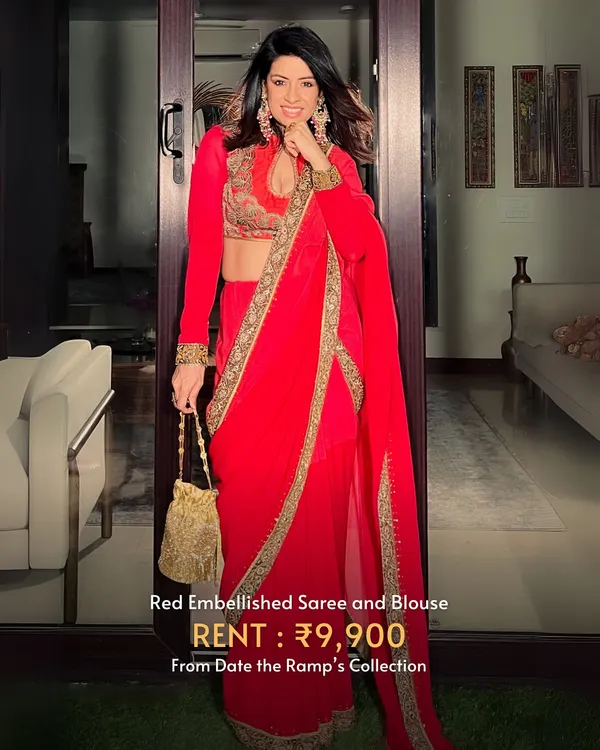 This red embellished saree and blouse is a classic choice for Karwa Chauth, offering elegance and tradition.