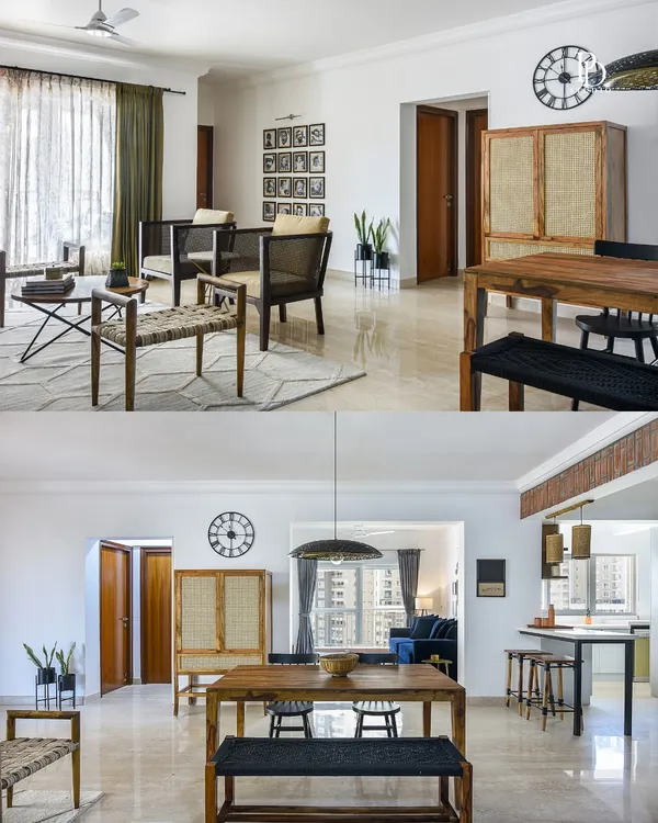 A collage showcasing the 'Earthy Urban' project, where warm neutrals, natural wood, and woven textures come together in the living and dining areas to create a cohesive and calming environment.