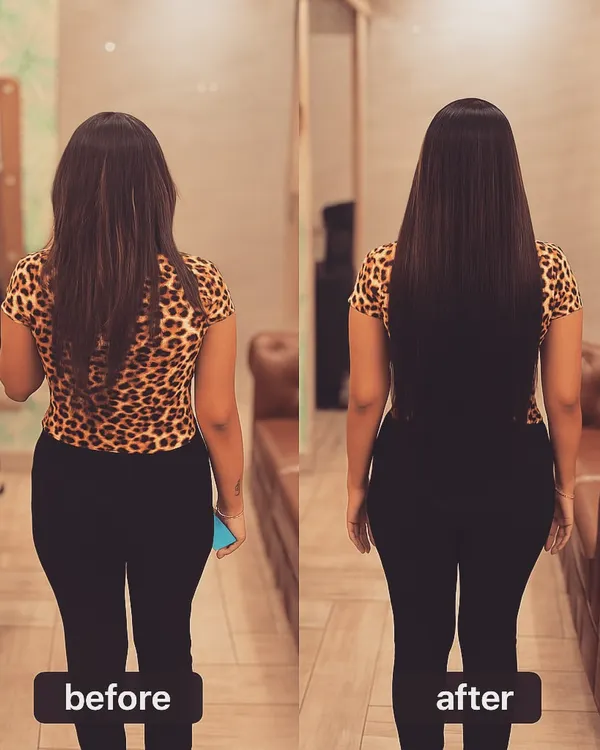 This is the transformation that dreams are made of. We took this client's hair from shoulder-length to stunningly long and sleek, adding incredible length and a healthy, glossy finish with our permanent hair extensions.