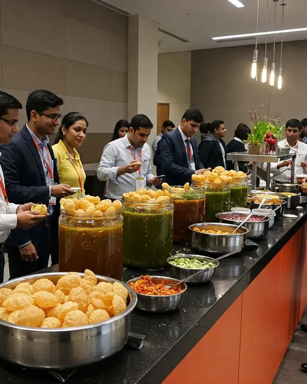 Our live pani puri counter is always the life of the party. We bring a full spread with various fillings and flavored waters, ensuring a fresh and interactive experience for guests at this corporate event.