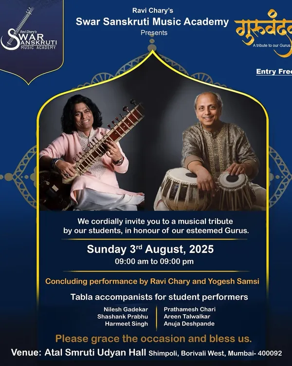 The official invitation to Guruvandan 2025, featuring a concluding performance by myself and the legendary Pandit Yogesh Samsi. This event is a tribute to our Gurus and a platform for my students to shine.