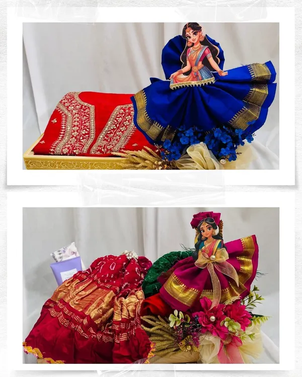We love bringing traditional elegance to life with our trousseau and festive packing. Here, we've artfully draped a beautiful saree to create a doll-like figure, turning a gift of clothing into a stunning piece of art for a Teej celebration.
