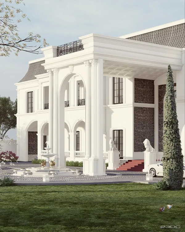 This view of our neoclassical palatial home showcases the grand entrance portico, supported by stately columns. The design features a water fountain and a ceremonial red carpet step, creating an arrival experience that is both majestic and welcoming, fitting for a modern royal residence.