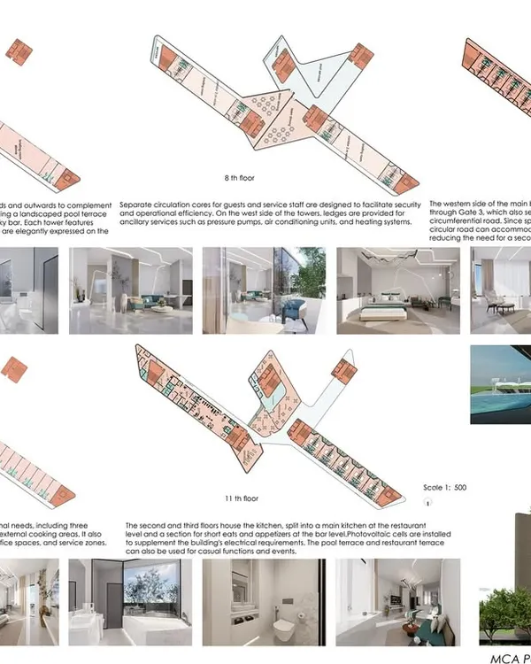 Competition sheets for the MCA Pune Clubhouse and Hotel. These panels show the relationship between floor plans, 3D massing, and interior renders, illustrating our integrated design approach.