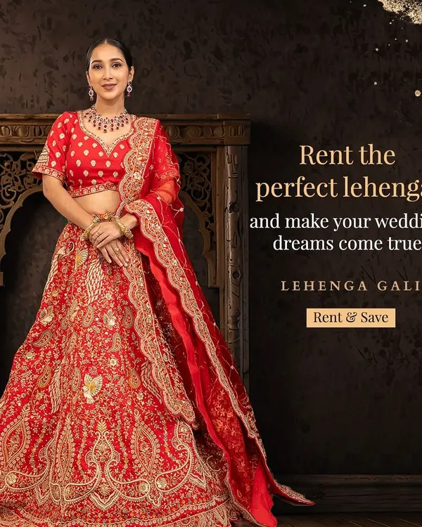 This is the quintessential red bridal lehenga, designed to make your wedding dreams come true. Richly embroidered from top to bottom, it captures the essence of Indian bridal tradition. Renting this piece ensures you get a royal look that is both stunning and smart.