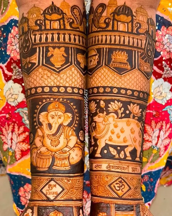 This design is a tribute to our traditions, featuring a detailed Lord Ganesha playing the dhol and the sacred cow, Kamdhenu, to bring blessings and prosperity.