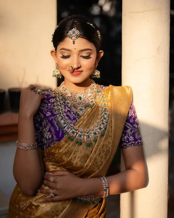 The golden hour light perfectly complements this stunning Kanchi tissue saree. This shot highlights the rich purple blouse and the intricate diamond and emerald jewelry, creating a portrait of pure elegance.