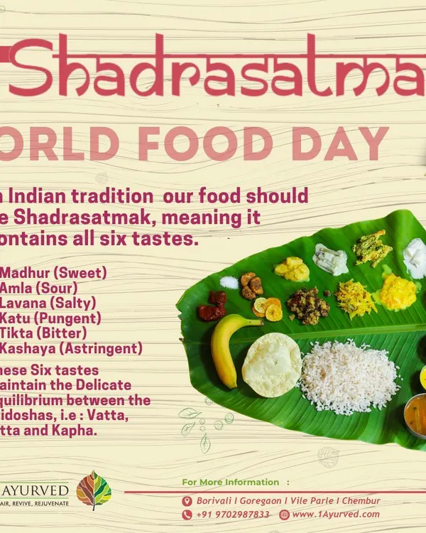 A balanced Ayurvedic meal, known as 'Shadrasatmak', contains all six tastes to ensure satisfaction and maintain equilibrium between the Tridoshas. This thali on a banana leaf illustrates how a complete meal can be both delicious and therapeutic.