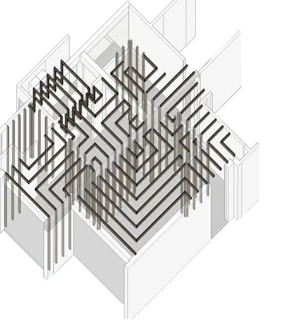 An axonometric drawing of the Lucknow penthouse. This diagram illustrates the core concept of a continuous wooden element that weaves through the space to form partitions and ceiling features.