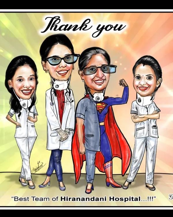 This one is really special to me. A client asked me to draw this for the amazing team at Hiranandani Hospital who helped them recover from COVID. It’s a ‘thank you’ caricature showing the doctors and nurses as the superheroes they are.