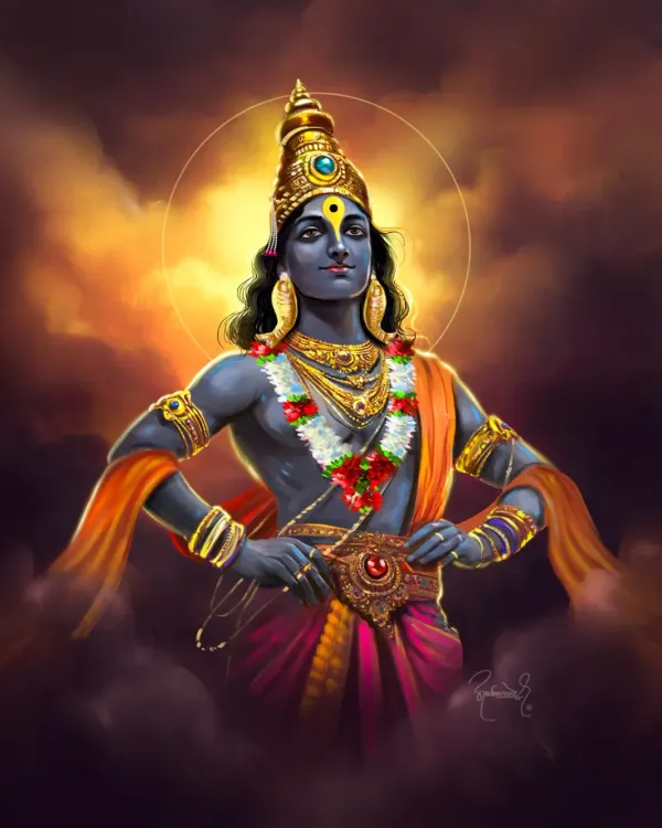 A majestic digital painting of Lord Vitthal, standing on the banks of the Chandrabhaga river. This artwork was created to celebrate Ashadhi Ekadashi, capturing his divine and welcoming posture.