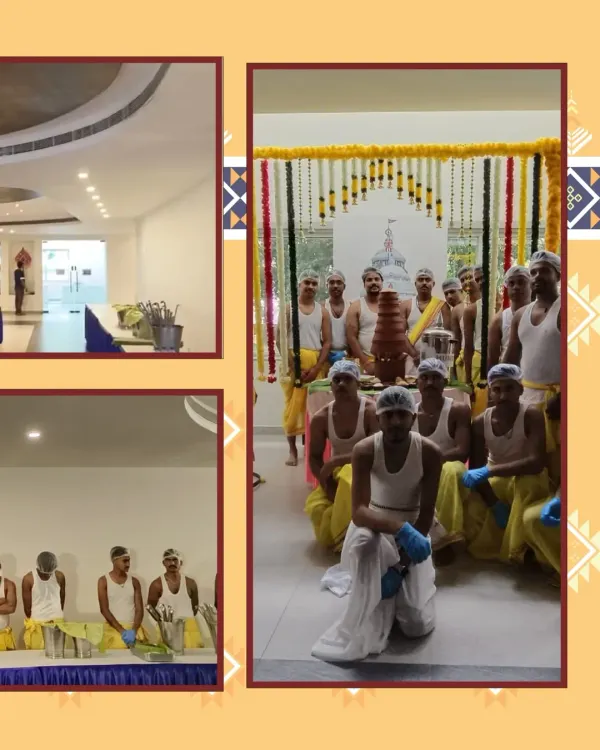 Our team proudly posing during a Rath Yatra catering event. We honor the occasion with traditional attire and a setup that reflects the cultural and spiritual significance of the day.