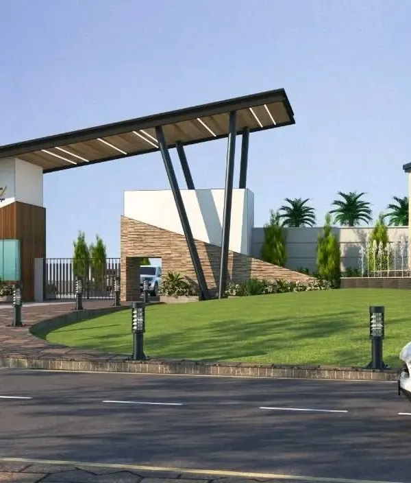 The main entrance gate design for a housing project in Kanpur. This structure serves as a modern and impressive gateway to the community, combining materials like brick, wood, and angled steel supports to create a strong sense of arrival.