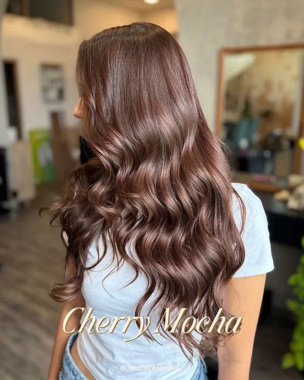 This Cherry Mocha color is perfect for the festive season. It's a rich, warm brown with subtle red undertones that looks incredibly luxe and shiny.
