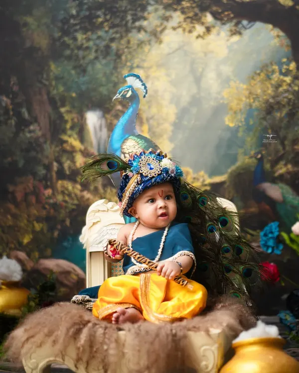 A majestic portrait of a baby Krishna, complete with a peacock and ornate mukut (crown). I pay close attention to every detail to create a truly divine and memorable image.