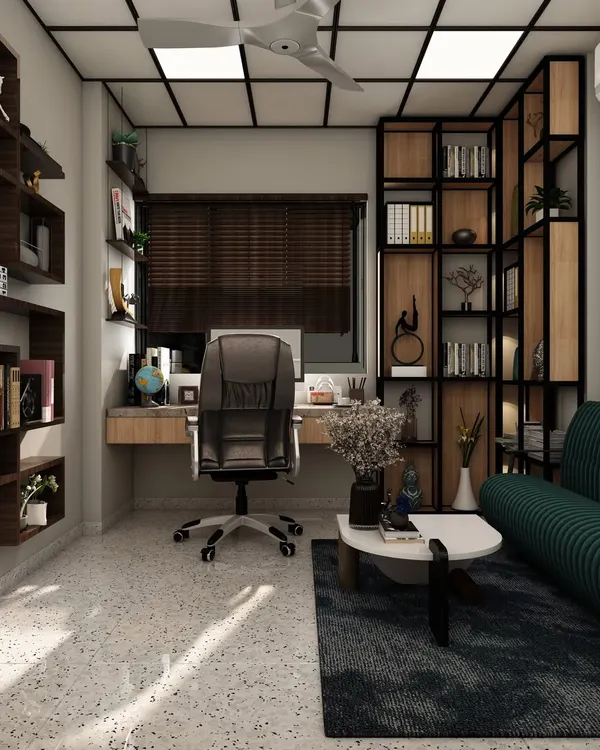 A 3D render of a functional home office, featuring an industrial-style corner bookshelf, a comfortable sofa for breaks, and an ergonomic chair for long hours of work.