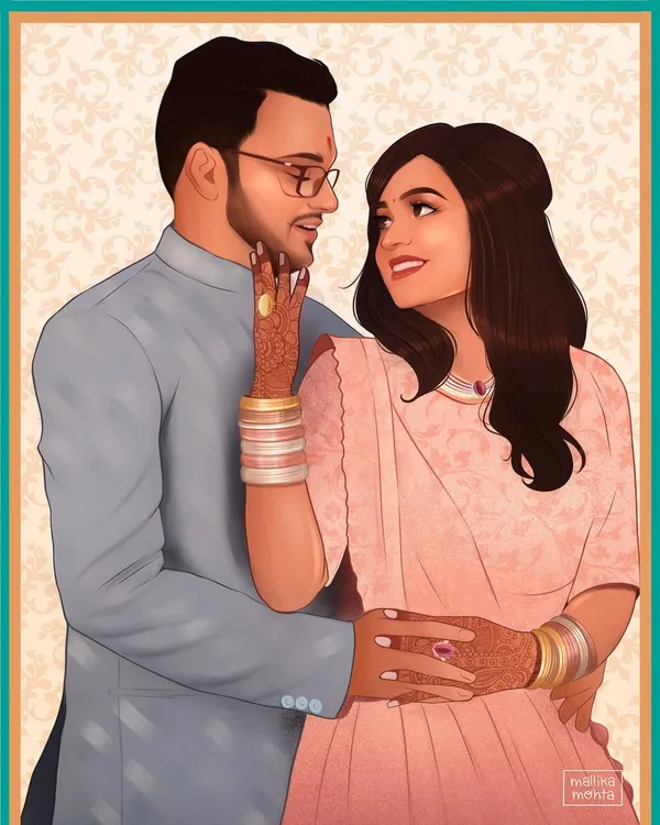 This custom illustration was a one-year anniversary gift for my brother and his wife. I love creating personalized couple portraits that capture the warmth and love of special occasions like weddings and anniversaries.