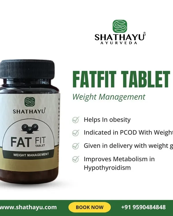 My Fatfit Tablet is a weight management supplement that helps with obesity and is also indicated for weight gain associated with PCOD and post-delivery. It works by improving metabolism, especially in cases of hypothyroidism.