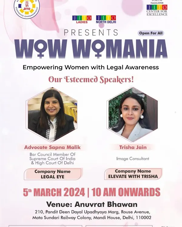 I was honored to be an esteemed speaker at the WOW WOMANIA event, empowering women with legal awareness. This poster highlights my role as a Bar Council Member and my commitment to community engagement.