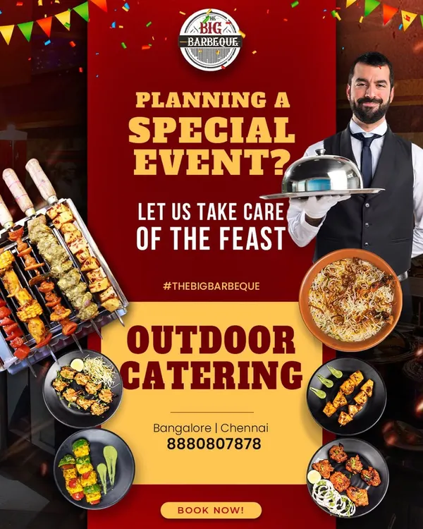 Planning a special event? This graphic gives a complete overview of our outdoor catering, showcasing our live grills, biryani, and professional service that we bring to your location.
