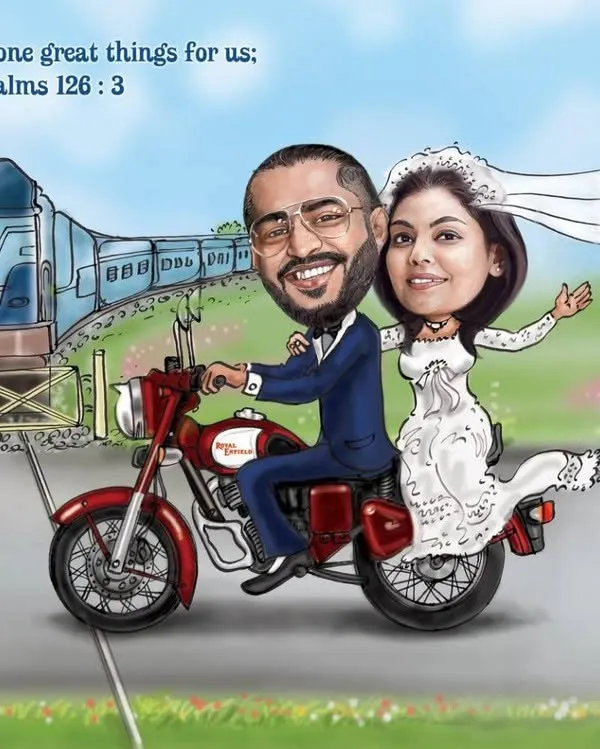 A charming wedding invite caricature for a couple, telling their story with a Royal Enfield bike, a train, and a church in the background.