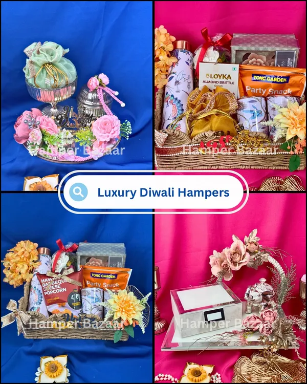 A glimpse into our luxury Diwali hamper collection. Each one is handcrafted and unique, featuring different combinations of snacks, sweets, and decorative items in beautiful baskets and trays.
