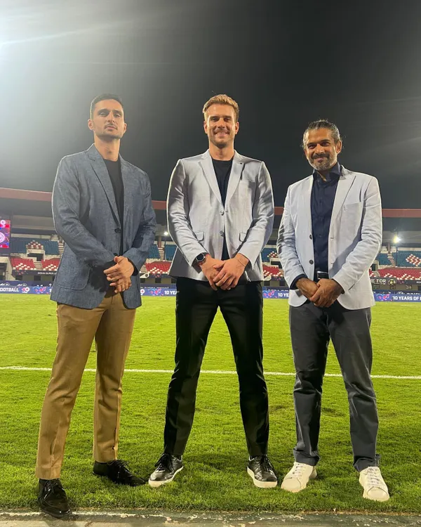 Styling the presenters for the Indian Super League 23-24 season. This image showcases a trio of smart-casual looks, with an emphasis on well-fitted blazers in different colors and textures.