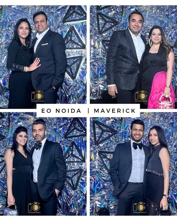 A collage from the 'EO Noida | Maverick' gala dinner. Our custom-branded photo templates are perfect for corporate events, ensuring your brand is front and center.