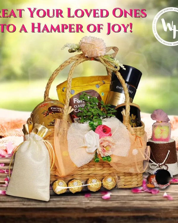 I designed this hamper to be a true basket of joy. It features premium Davidoff coffee, Ferrero Rocher chocolates, and other gourmet snacks, perfect for treating your loved ones.
