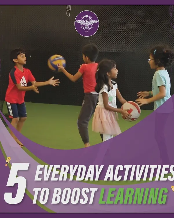 This graphic is the cover for a series on 5 everyday activities to boost learning, showing how experiences like chores and cooking can be learning adventures.