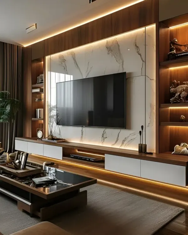 This is a great example of our high-end entertainment units. We combined a floor-to-ceiling marble-finish backdrop with warm, recessed LED lighting to create a luxurious and modern living room centerpiece. The design includes a floating console with closed storage and open, backlit shelves for displaying decor.