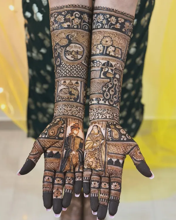 This is the level of artistry you can achieve. This full bridal mehendi features intricate portrait work of the bride and groom, a skill I cover in depth in my Specialized Bridal & Figure Course.