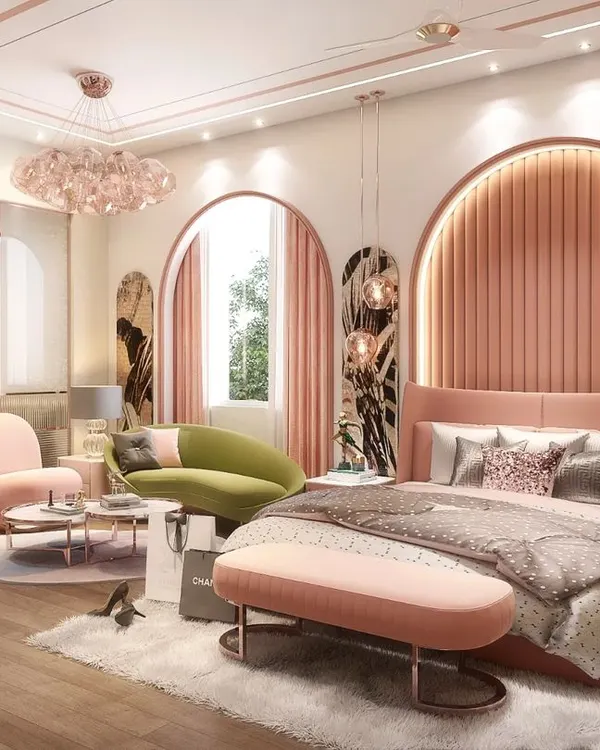 How much pink is too much pink? For this daughter's room in Agra, we used varying shades of pink with arched architectural details to create a dreamy and feminine space. The design is sophisticated yet playful, featuring plush seating and elegant lighting.