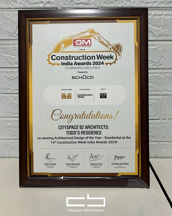 We are proud to have received the "Construction Week India Awards 2024" in the Residential Category for our project, Todd's Residence. This accolade honors our dedication to innovative and sustainable design.